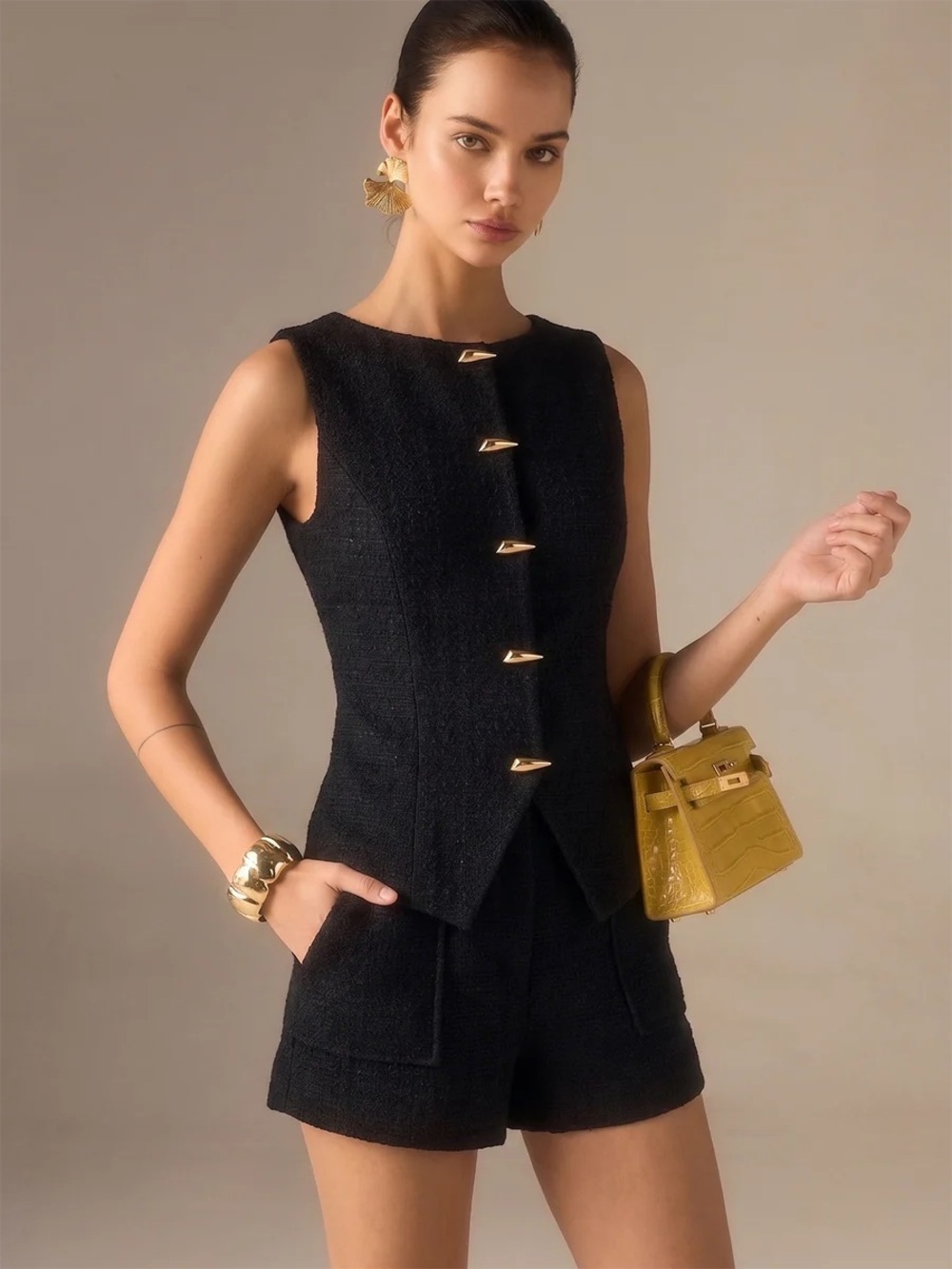 Commense Tweed Sleeveless Metal Button Vest & Shorts Set